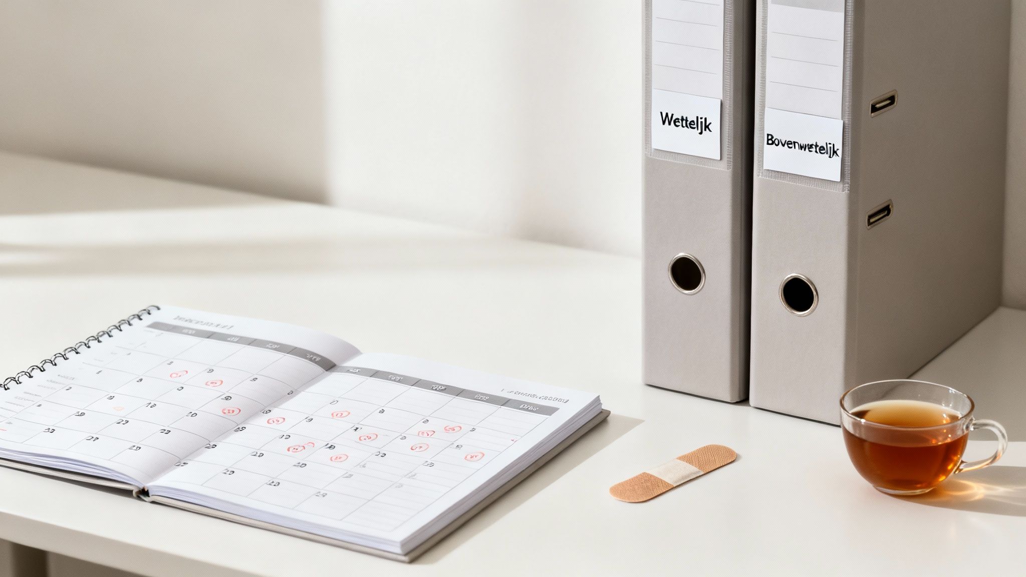Een kalender en een stethoskoop liggen naast elkaar, wat de relatie tussen vakantie en ziekte symboliseert.