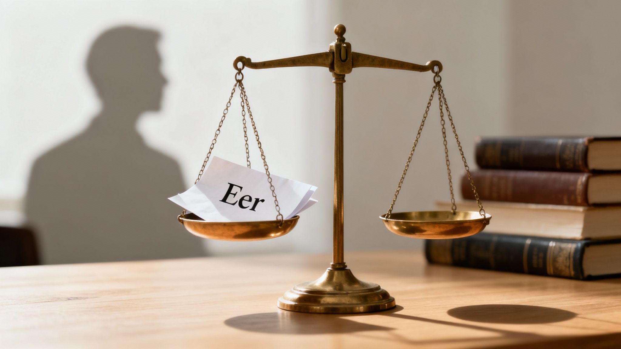 Een houten hamer van een rechter en een weegschaal van justitie op een bureau.