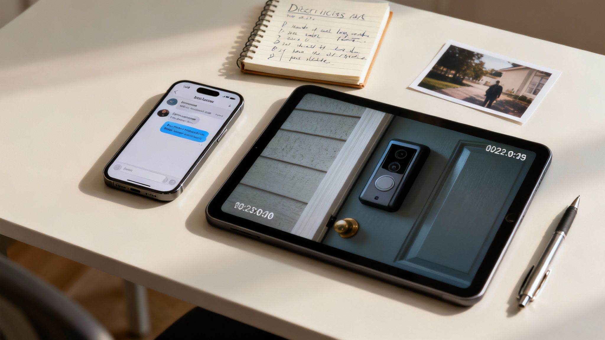 Bureau met smartphone, tablet met deurbelcamera-opname, notitieblok met aantekeningen en foto als bewijs