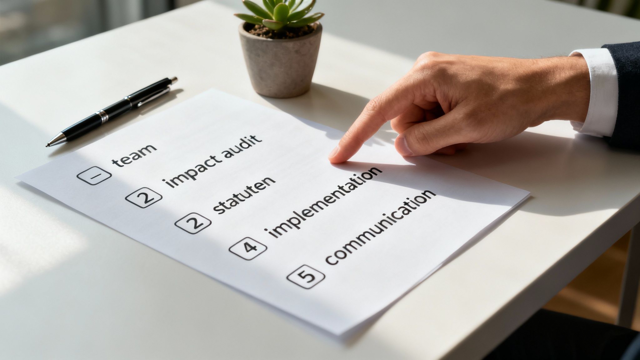 Een team dat samenwerkt aan een bureau met grafieken, wat de planning van de B Corp-transitie symboliseert.