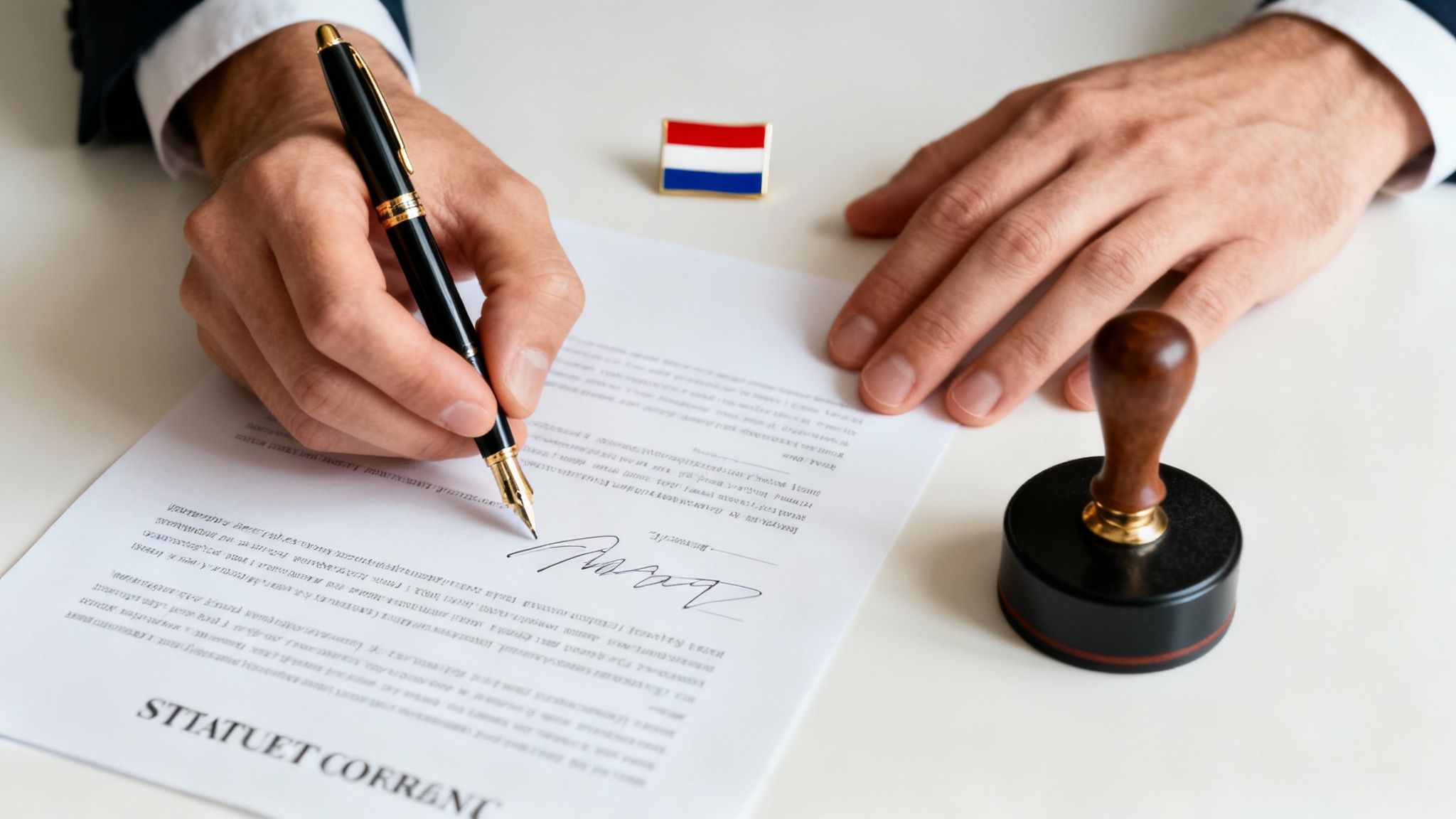Een persoon die juridische documenten ondertekent, wat de statutaire veranderingen symboliseert.