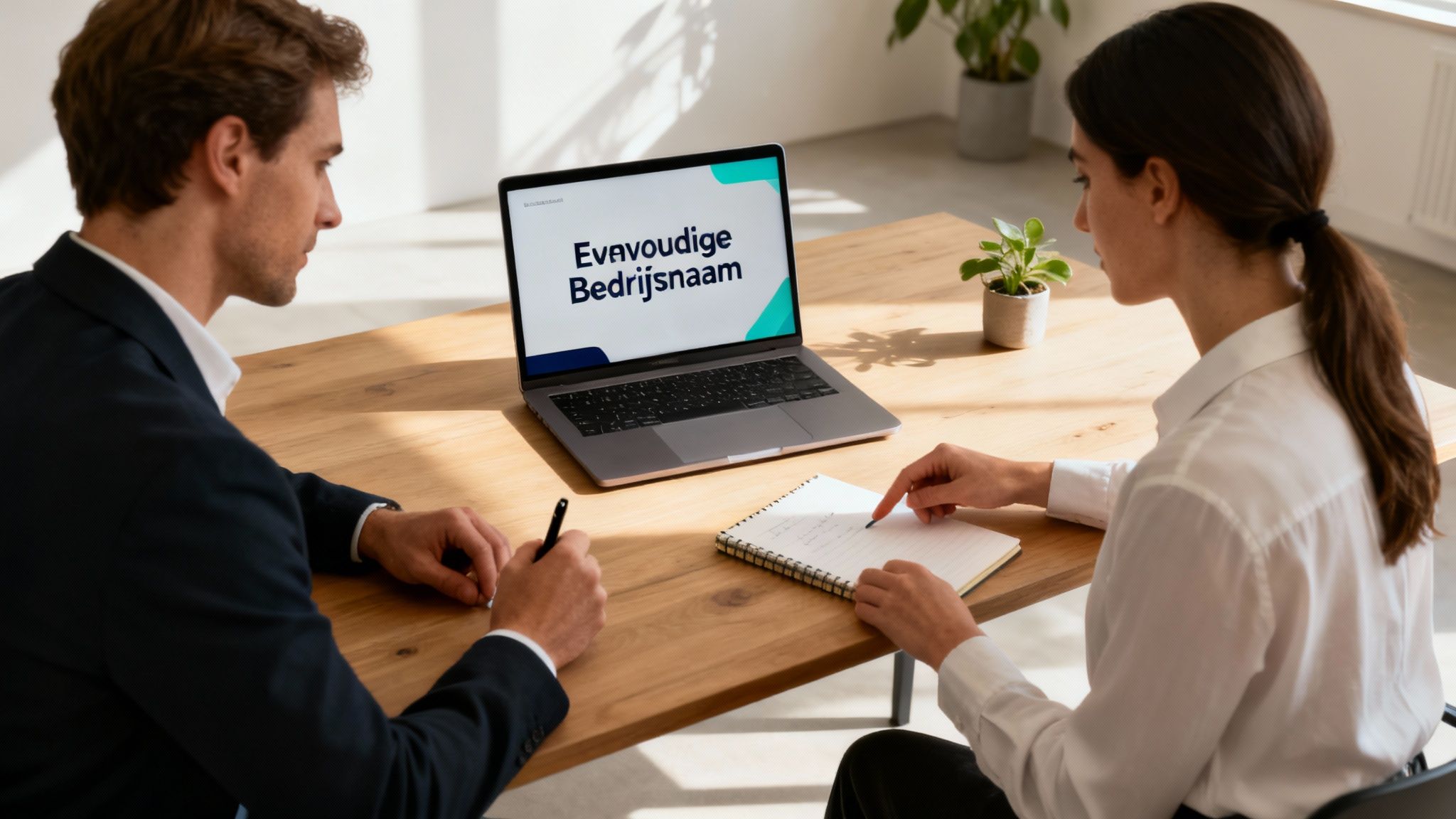 Twee ondernemers die samenwerken aan een laptop