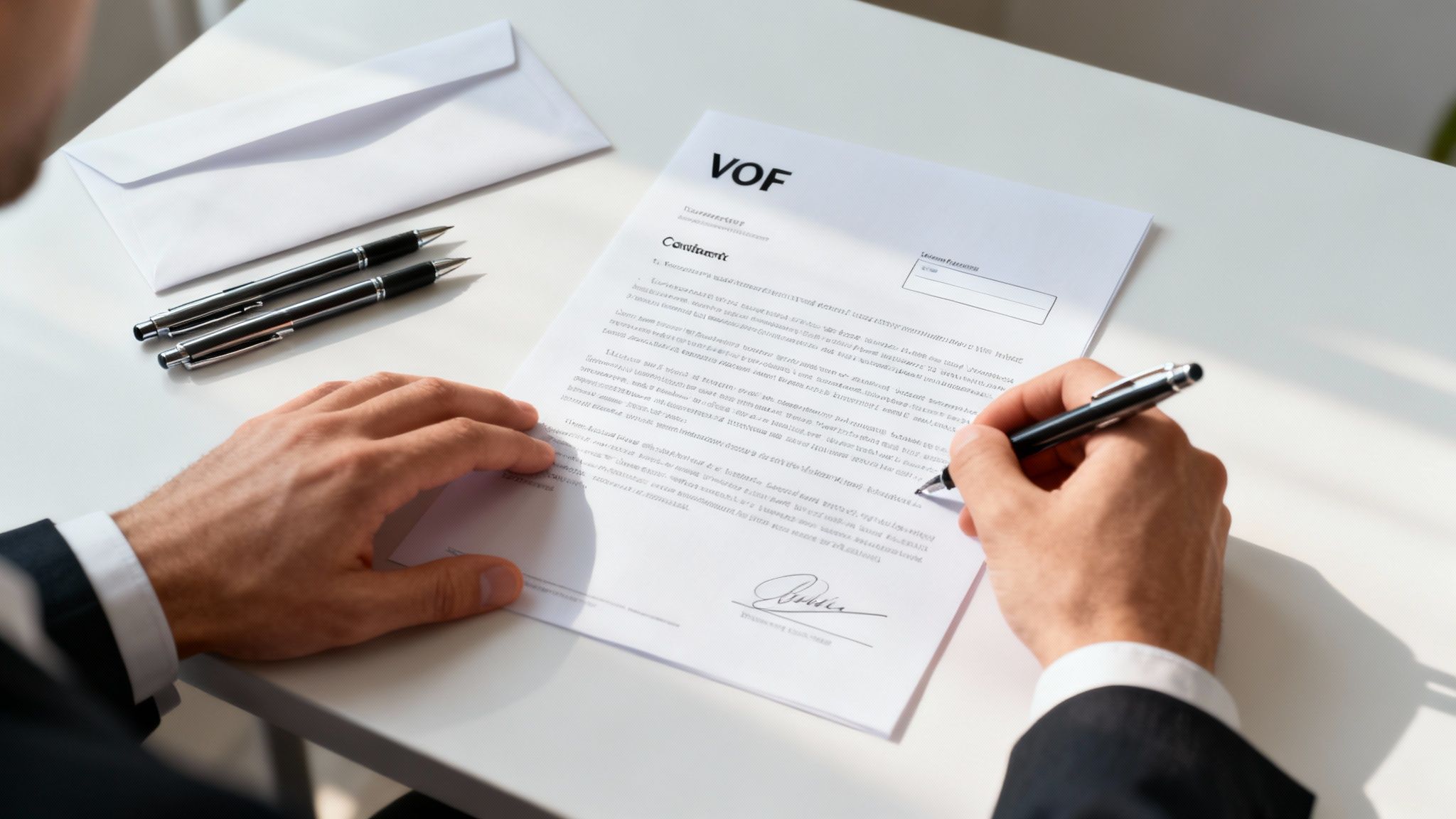 Twee ondernemers die samen een contract ondertekenen aan een bureau
