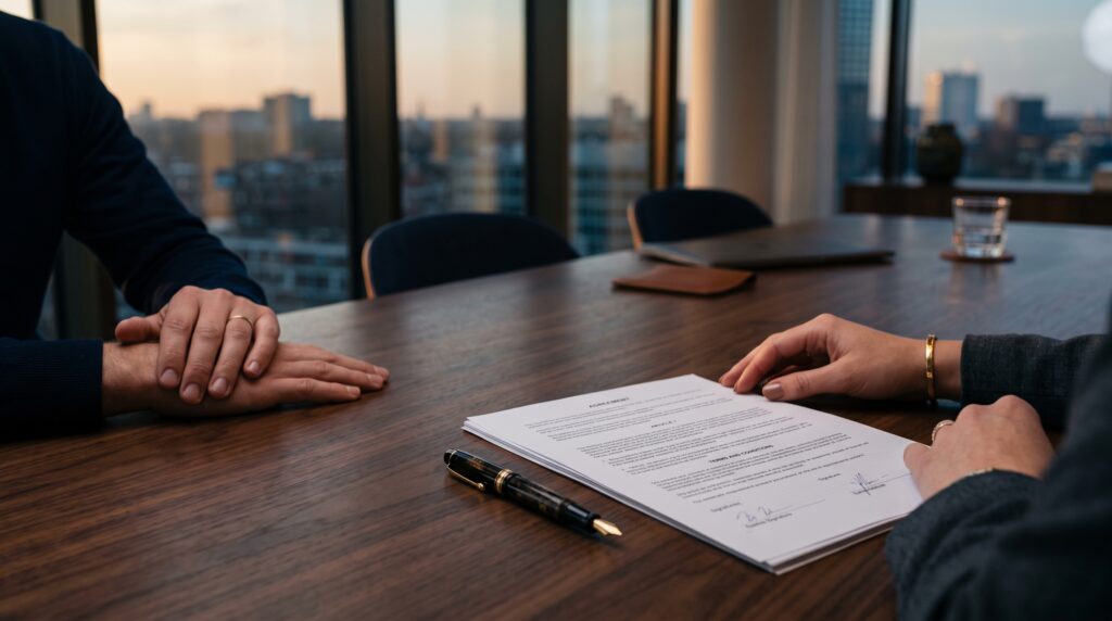 Twee partijen aan tafel met een contract tussen zich in