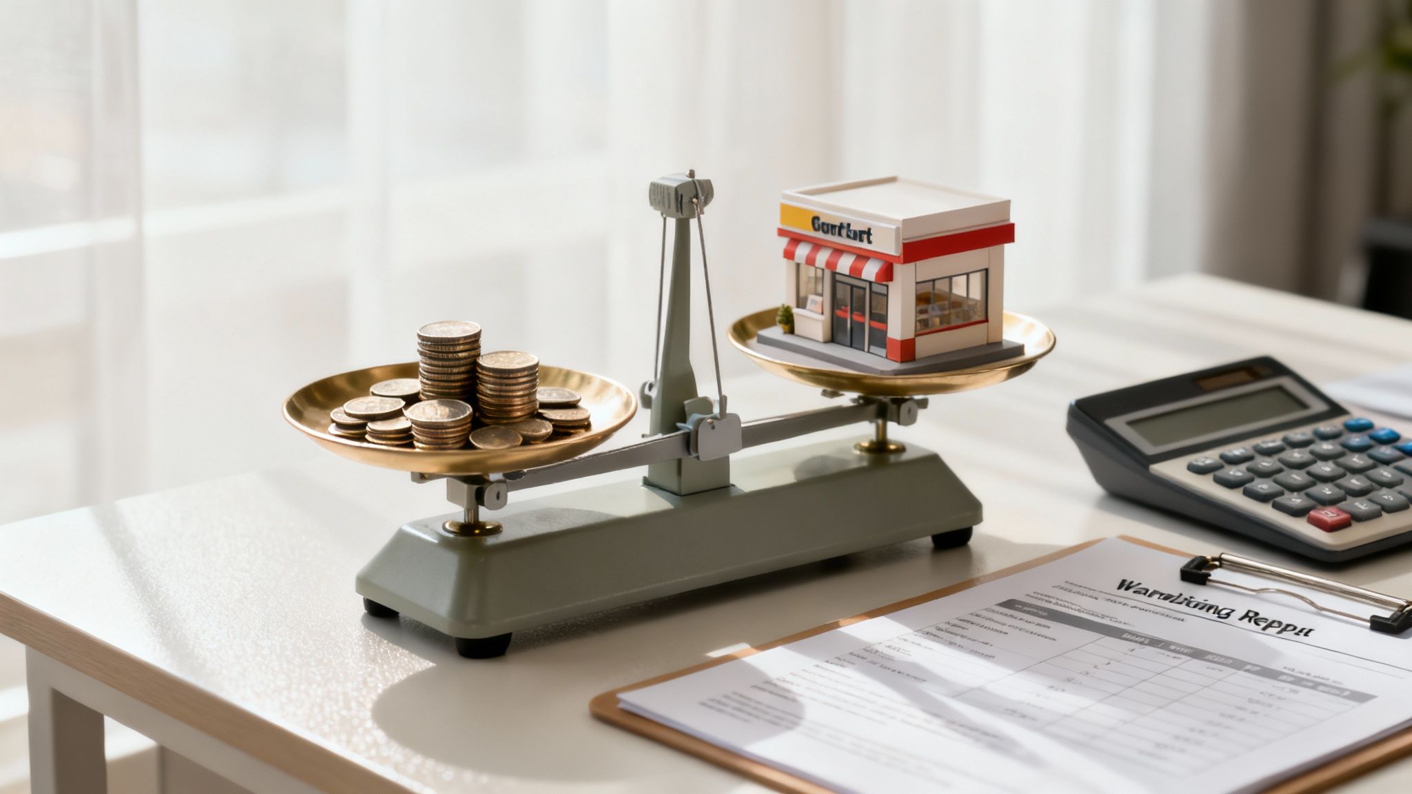 Een rekenmachine, pen en papieren op een bureau, symboliseren de financiële afwikkeling bij een vof en echtscheiding