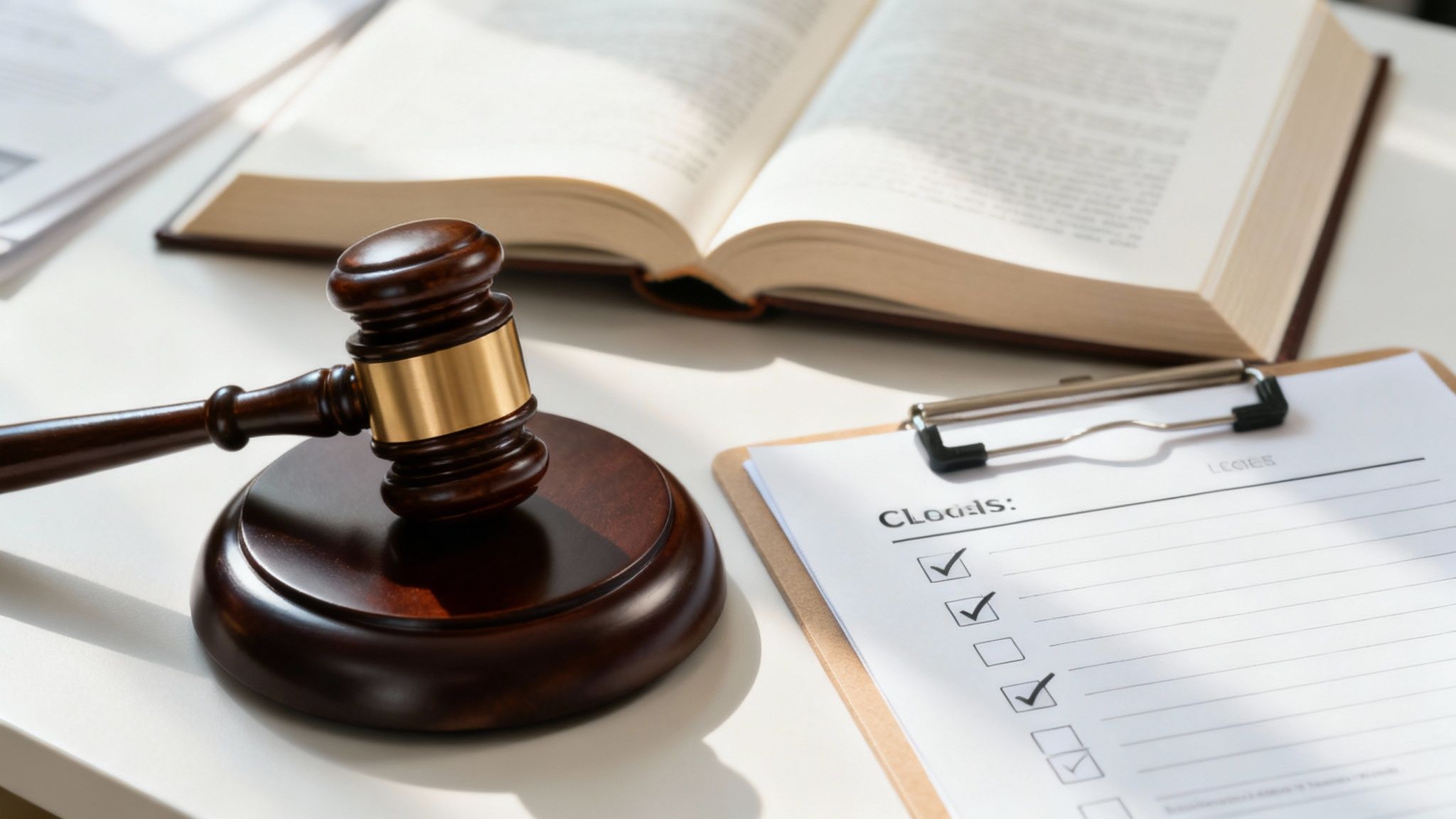 Een wetboek ligt op een bureau naast een hamer, wat de wettelijke basis en de regels van voorwaardelijke executie symboliseert