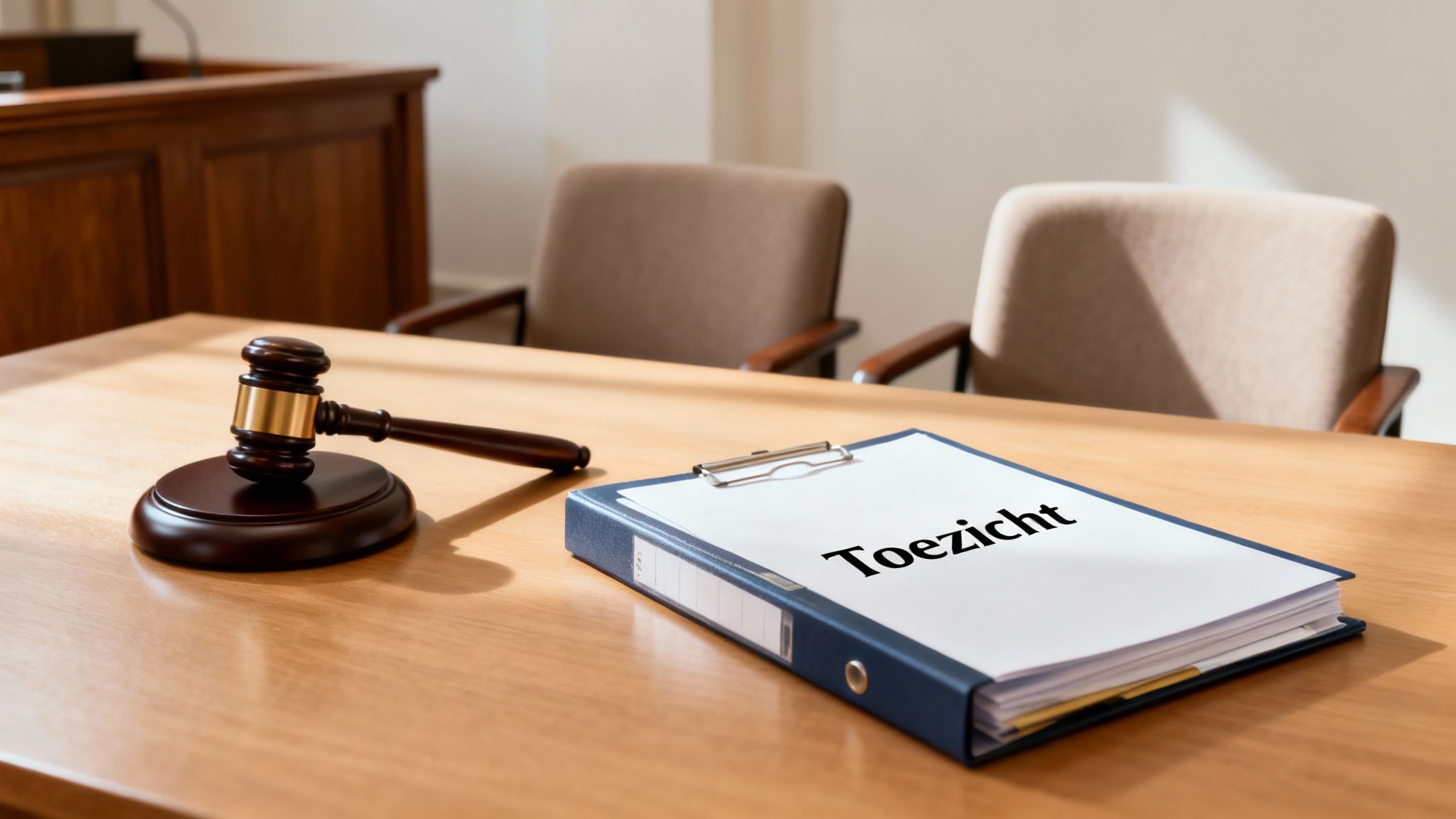Een close-up van een document met juridische tekst, een pen en de hamer van een rechter, die het proces van vonnis tot uitvoering symboliseren