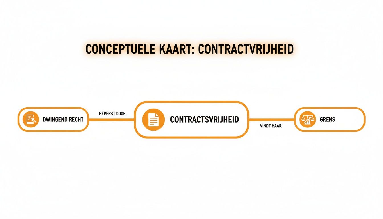 Conceptuele kaart die contractsvrijheid uitlegt, beperkt door dwingend recht en de grenzen van de wet.