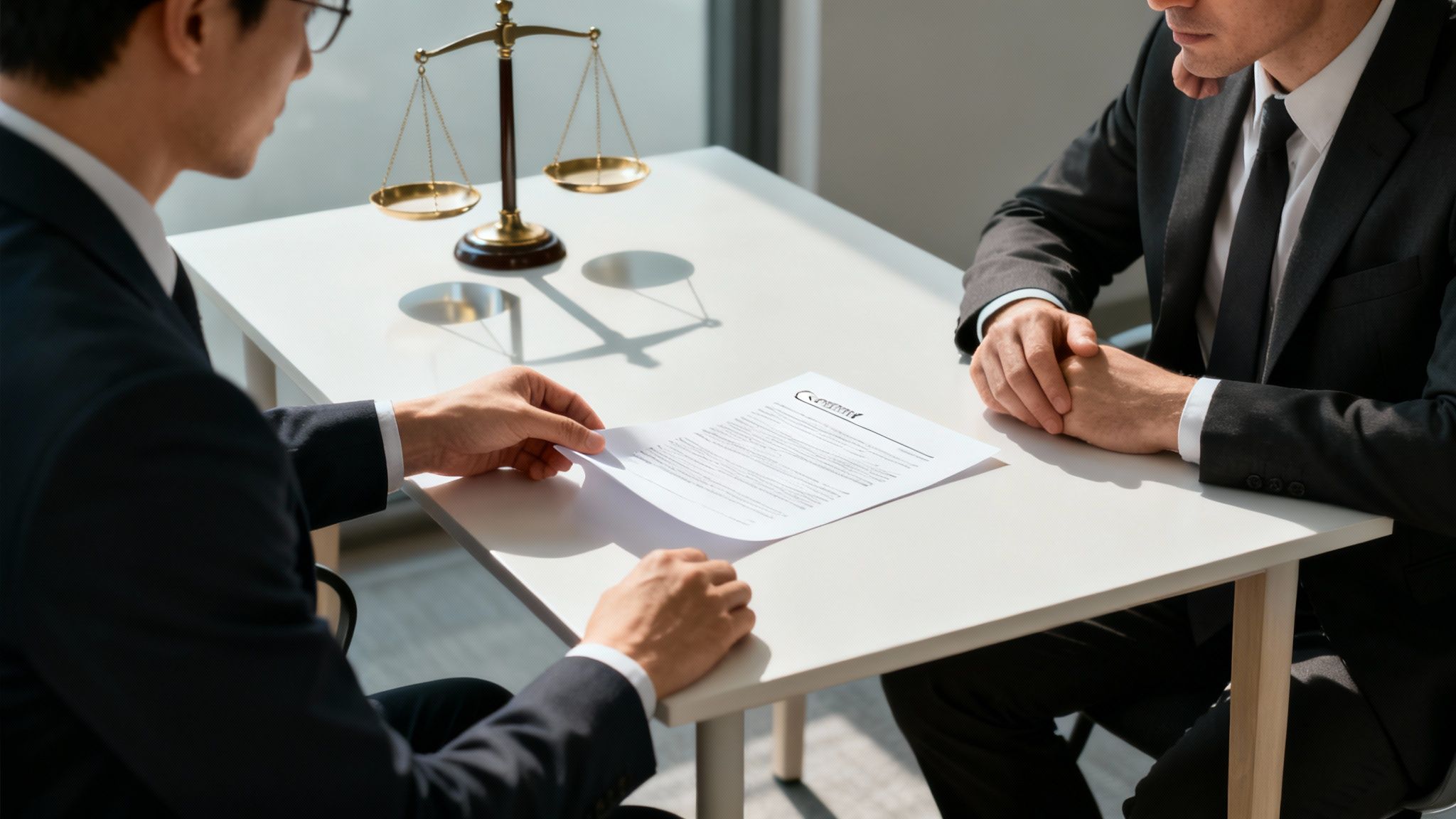 Twee mannen in pak bespreken een contract aan een tafel met een weegschaal van Justitie.
