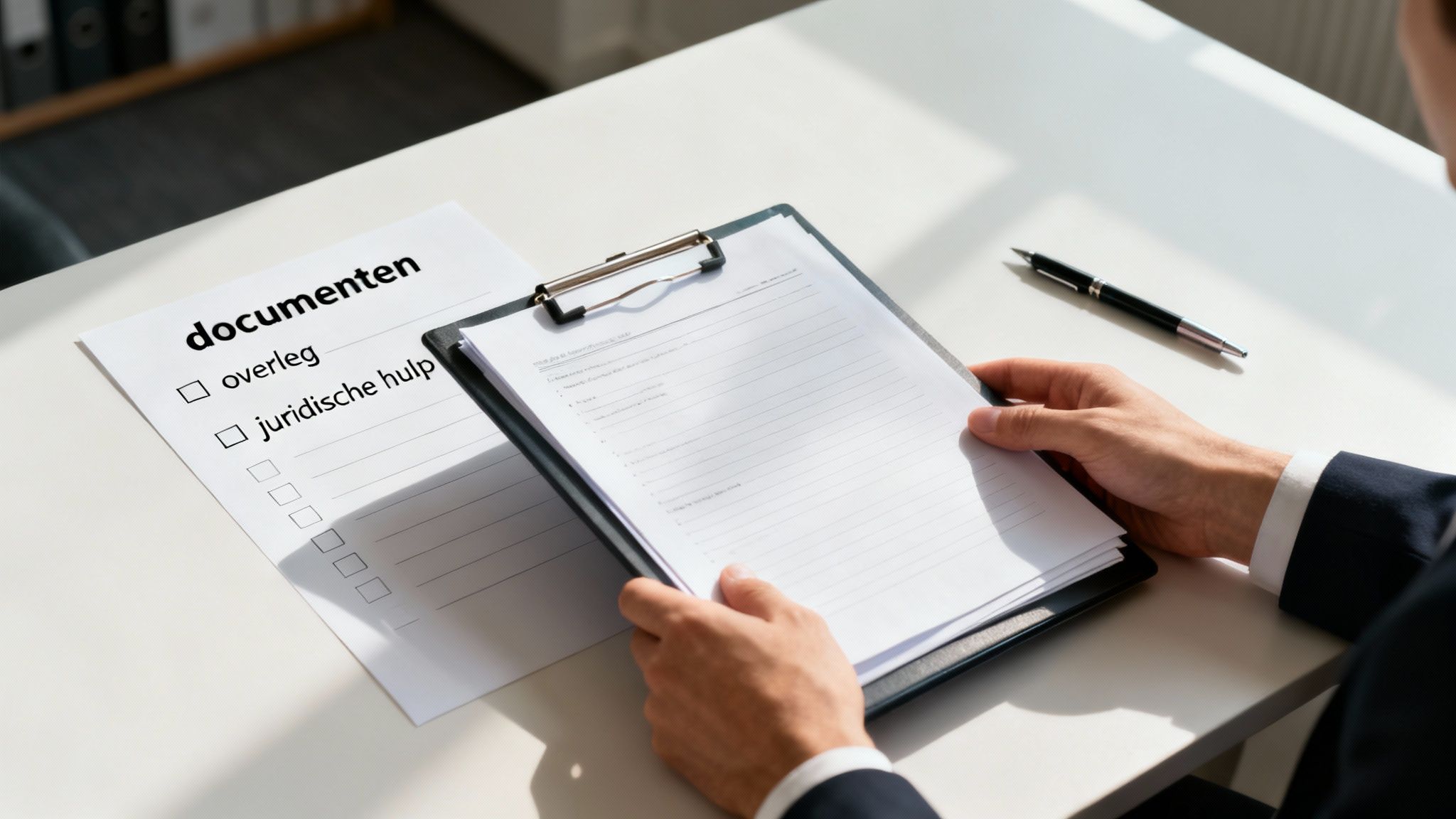 Een persoon die een checklist afvinkt op een klembord, symboliseert een actieplan.