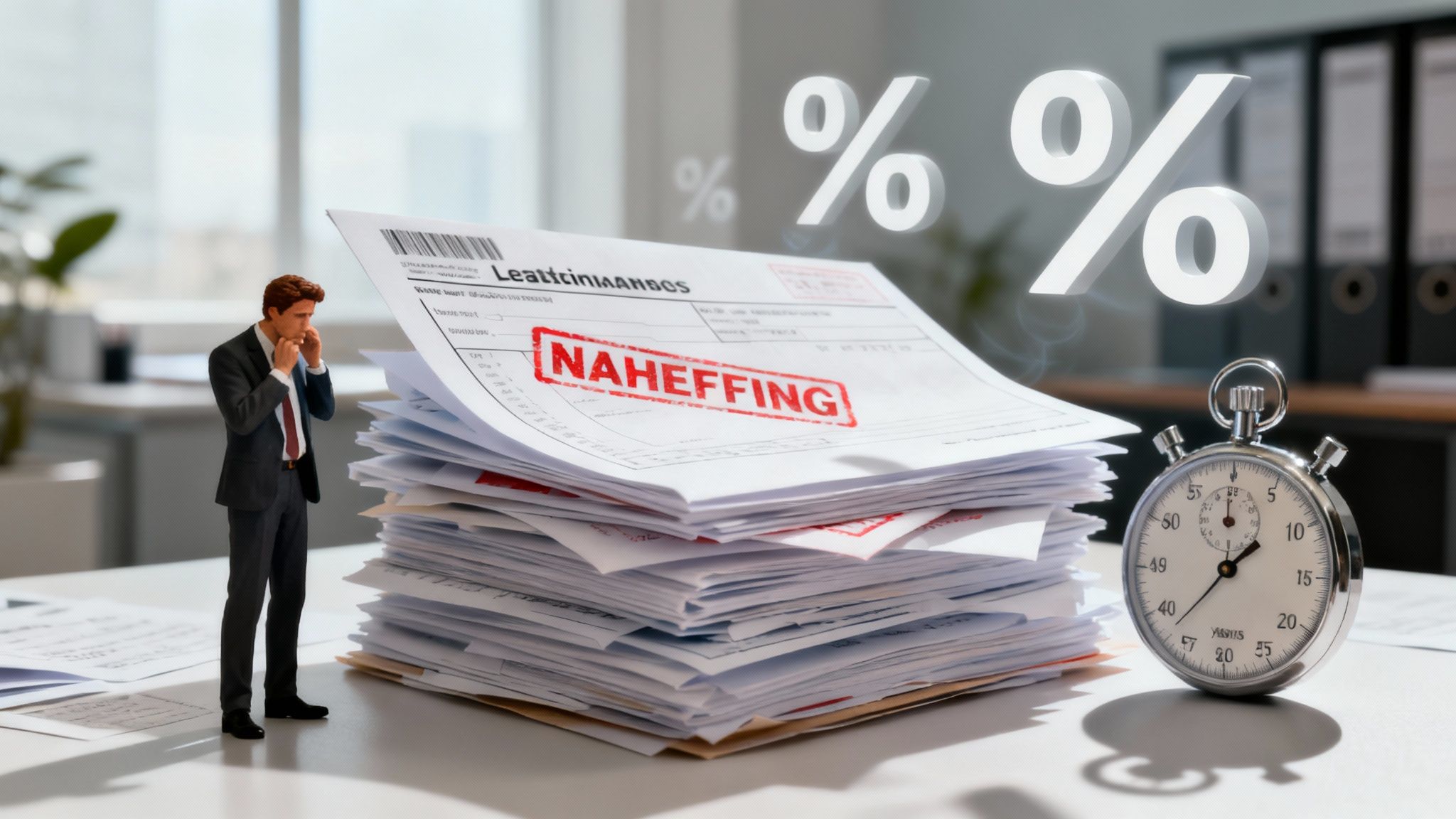 Een mannetje kijkt bezorgd naar een stapel papieren met 'NAHEFFING', een stopwatch en percentages, symboliserend financiële druk.