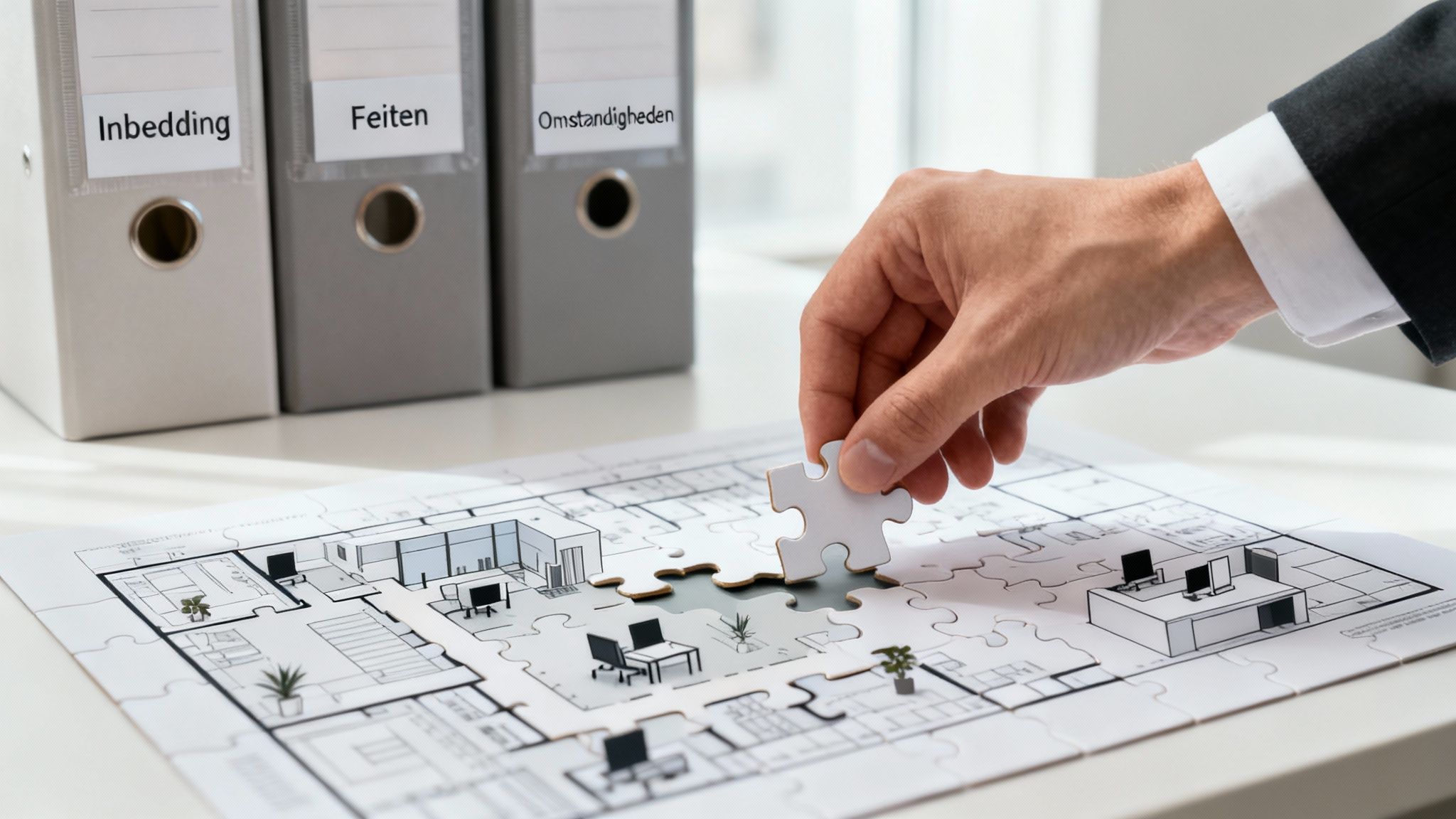 Hand legt puzzelstukje met architecturale plattegrond, naast ringmappen gelabeld 'Inbedding', 'Feiten', 'Omstandigheden'.