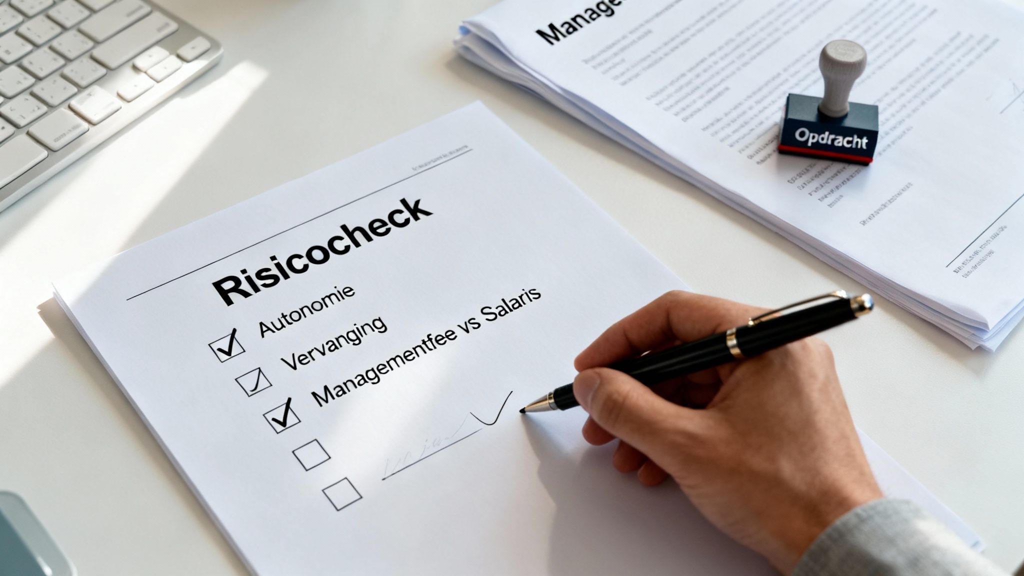 Een hand vult een risicocheckformulier in, waarbij opties zoals autonomie en managementvergoeding worden aangevinkt.