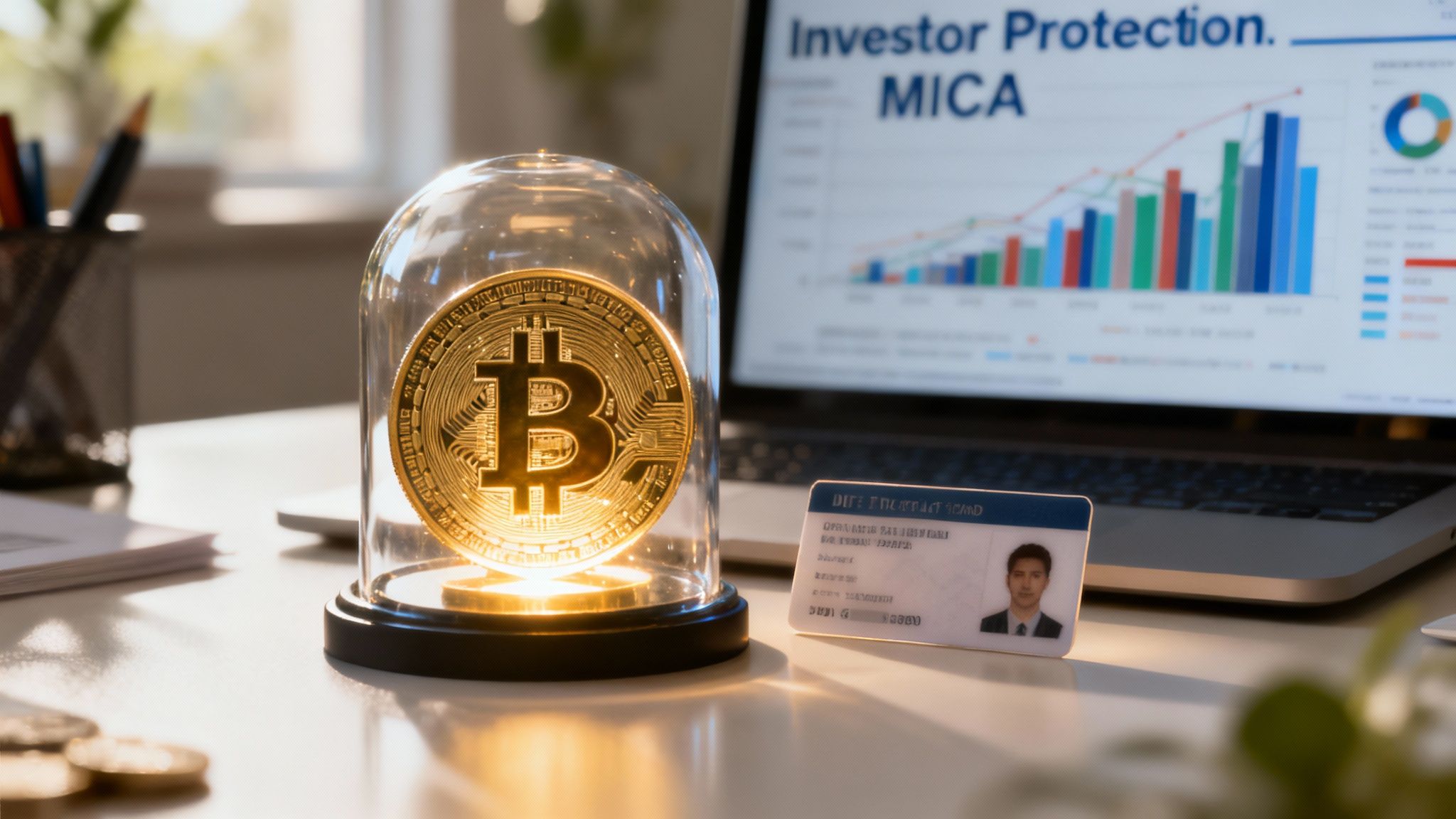 Een investeerder analyseert crypto-grafieken op een scherm, wat de impact van MiCA symboliseert