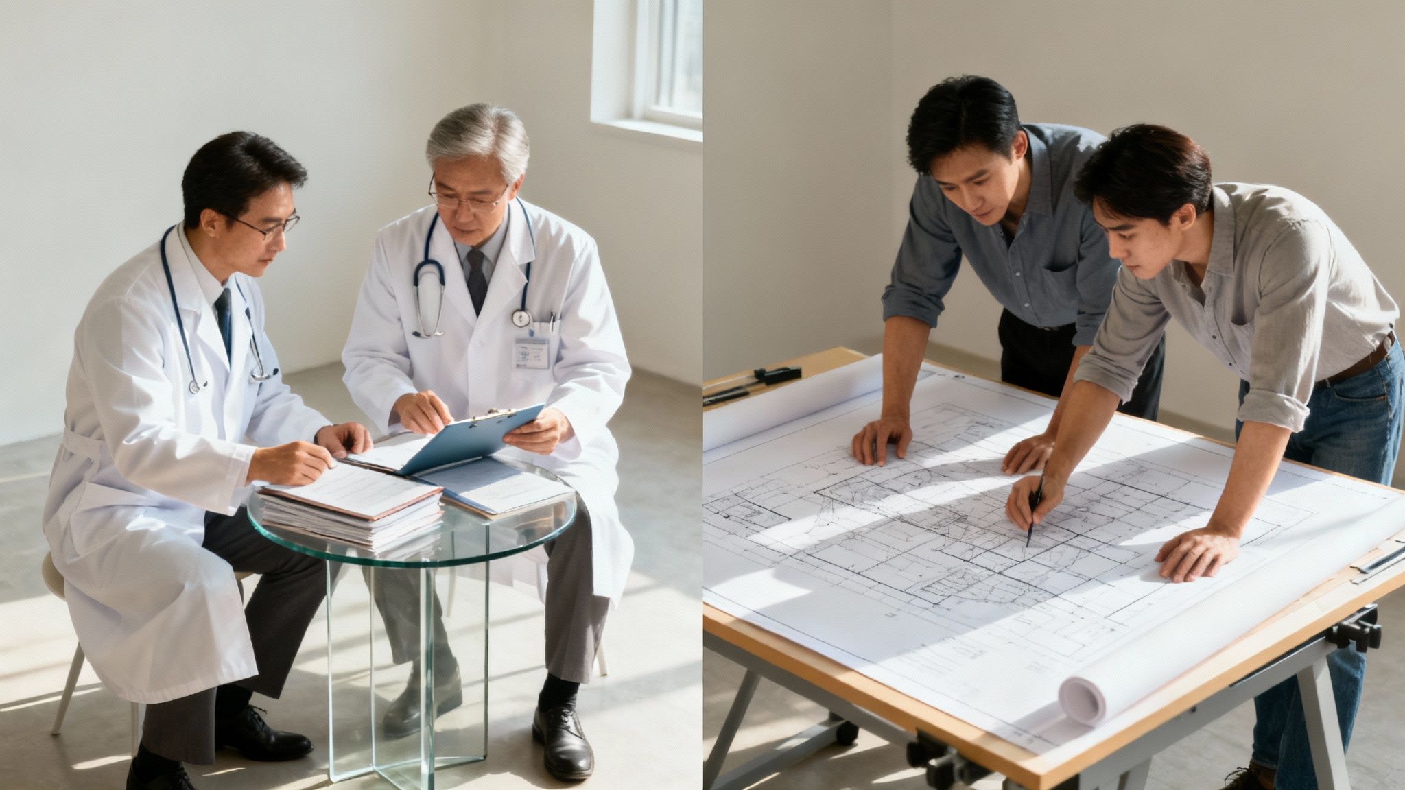 Twee professionals die samenwerken aan blauwdrukken in een architectenbureau.