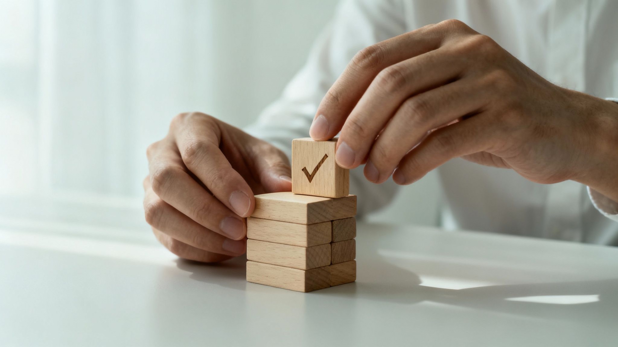 Een persoon plaatst een houten blok met vinkje op een stapel, symbool voor voltooiing.