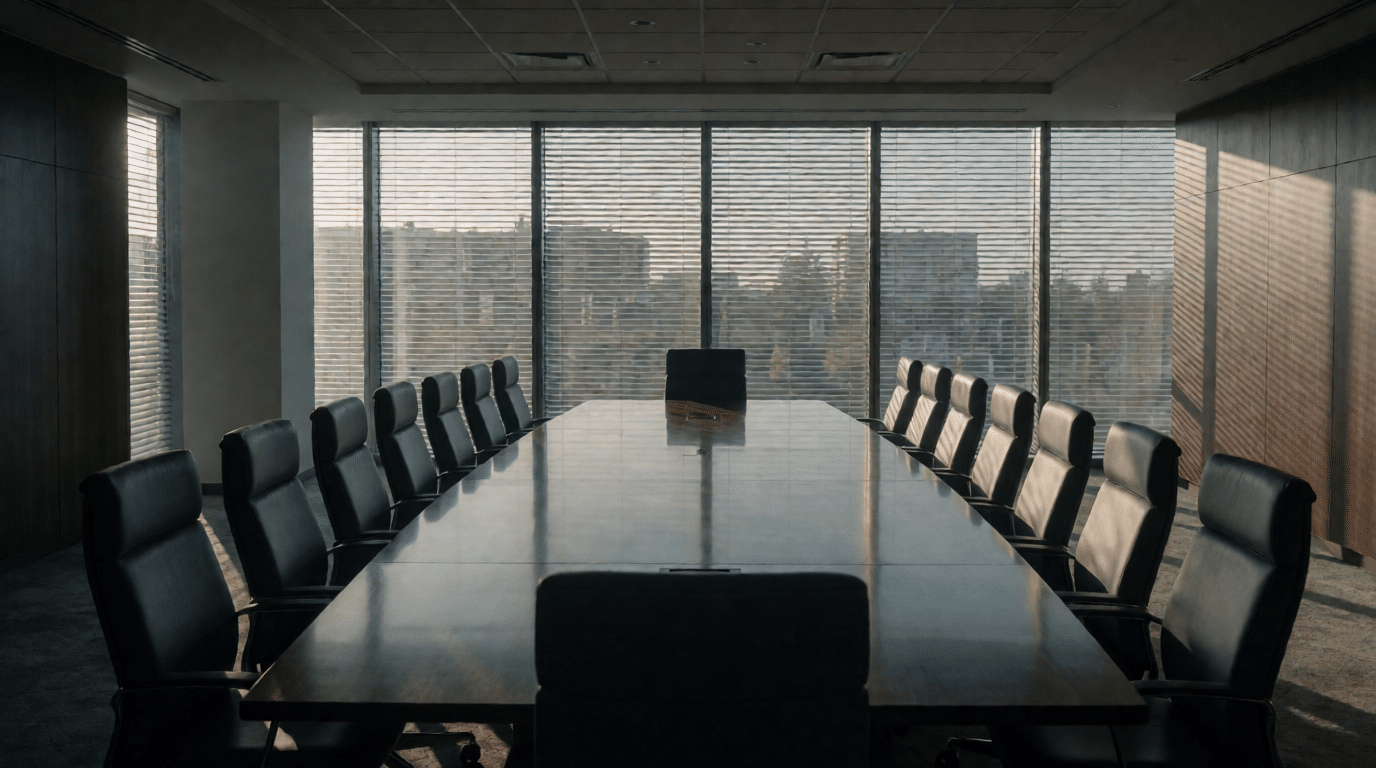 Lege bestuurskamer met vergadertafel en stoelen