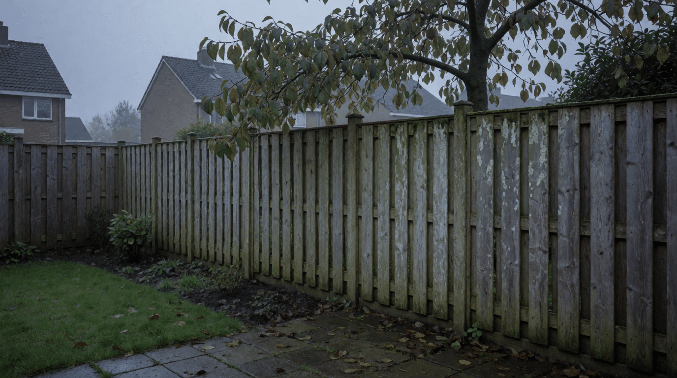 Houten schutting tussen twee tuinen met een overhangende tak