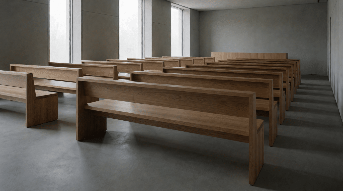 Lege banken in een rechtszaal gezien vanaf de achterzijde