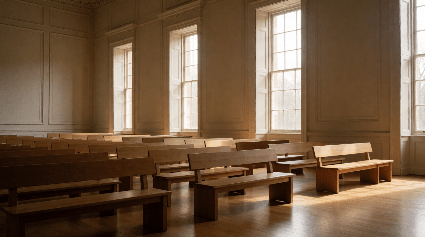 Lege houten banken in een hoge zaal met daglicht