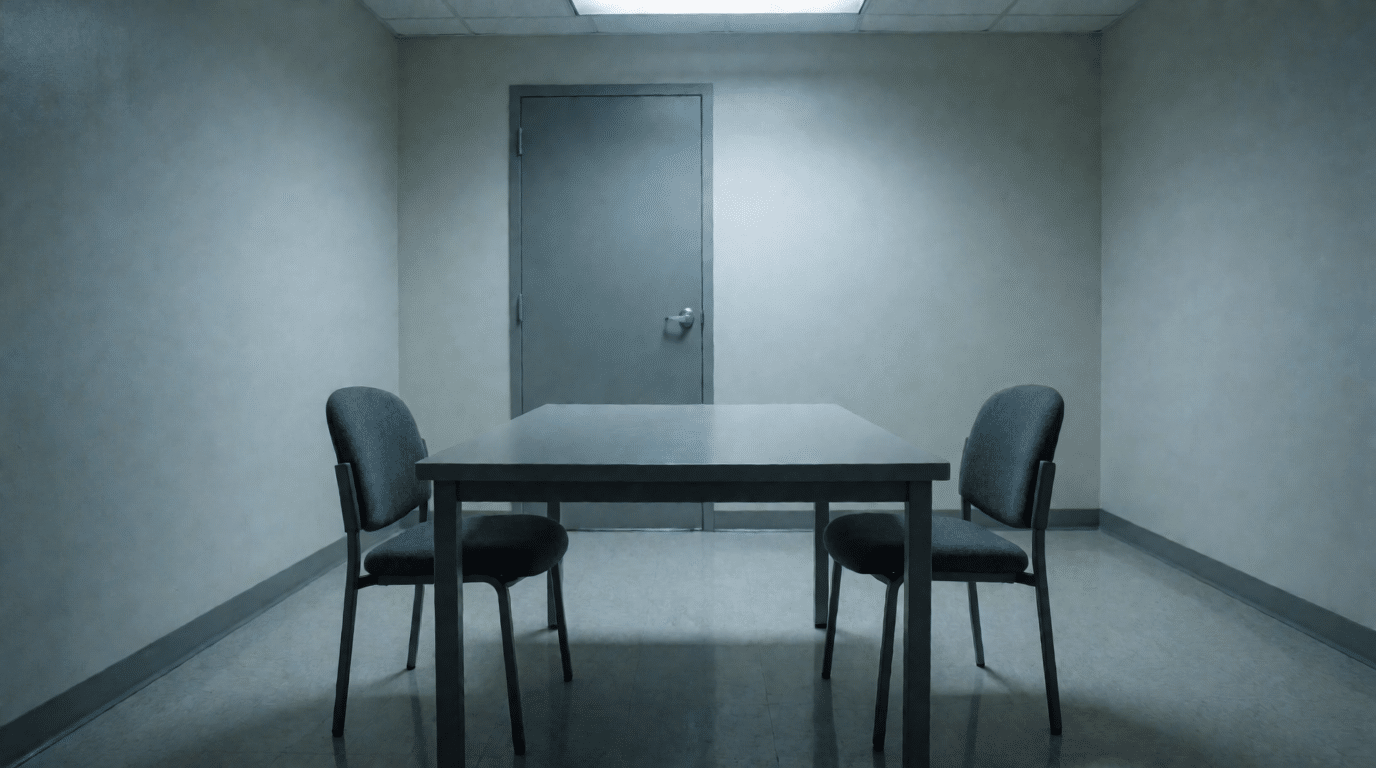 Lege verhoorkamer met een tafel en twee stoelen