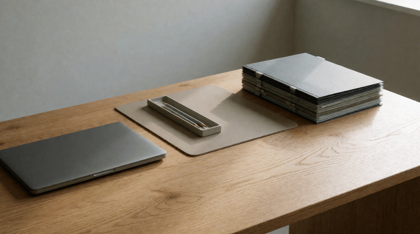 Opgeruimd bureau met geordende ordners en een dichtgeklapte laptop op een eiken blad