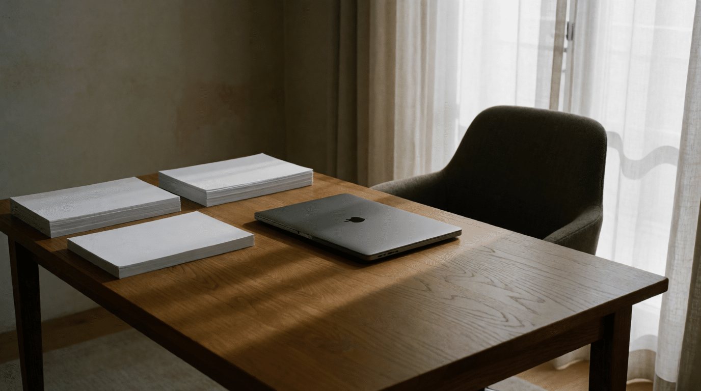 Bureau met stapels financiele stukken en een gesloten laptop