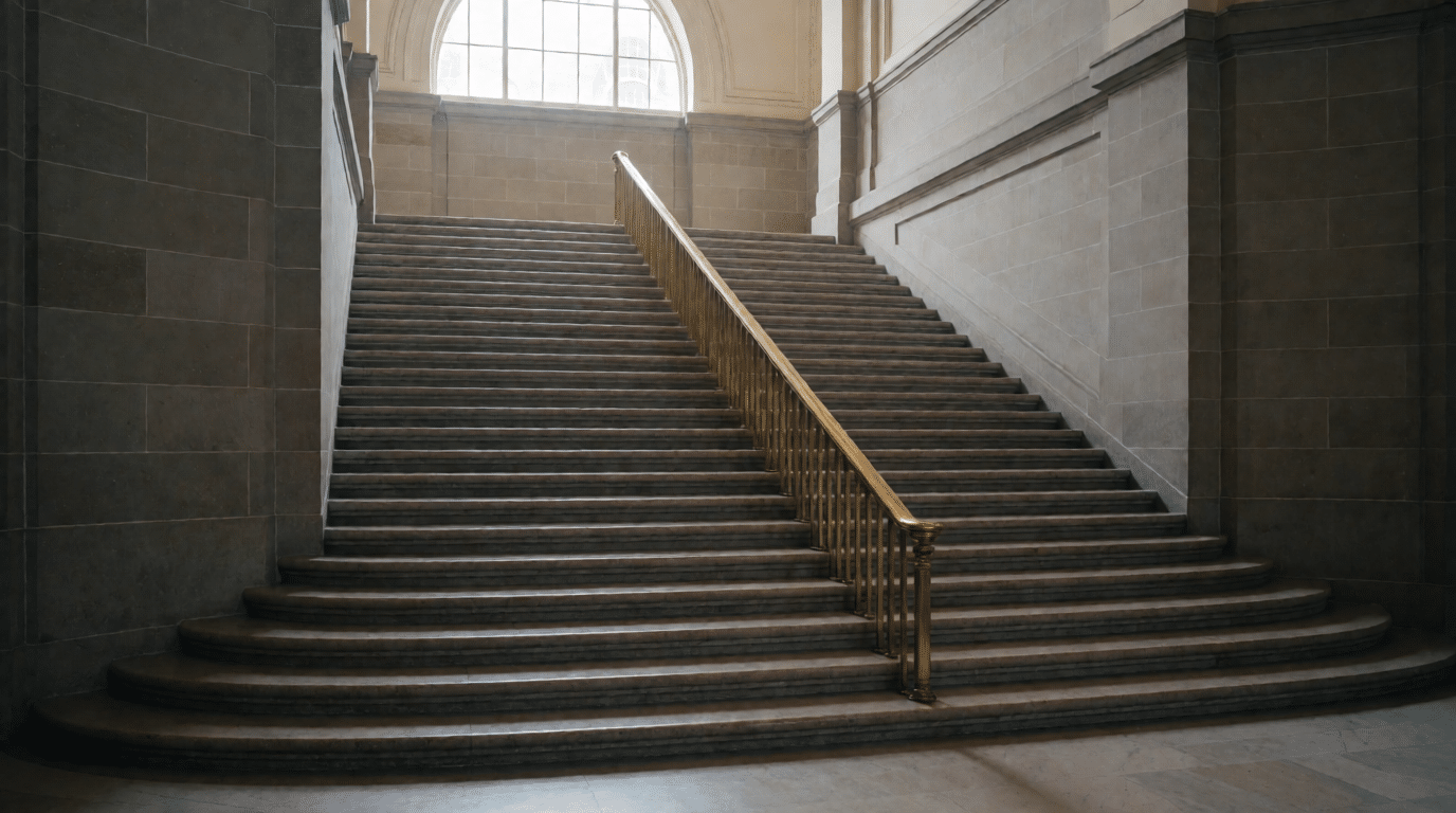 Brede stenen trap met koperen leuning in een openbaar gebouw