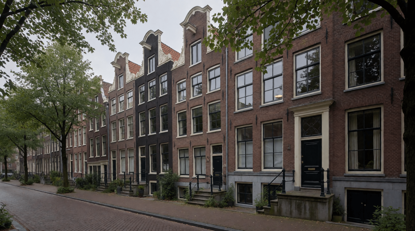 Rij Amsterdamse woonhuizen met hoge ramen aan een straat met bomen
