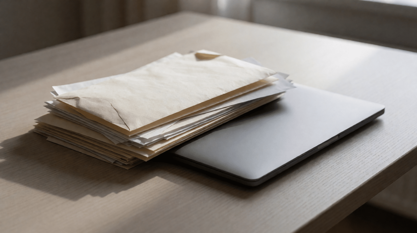 Stapel ongeopende enveloppen en facturen op een bureau