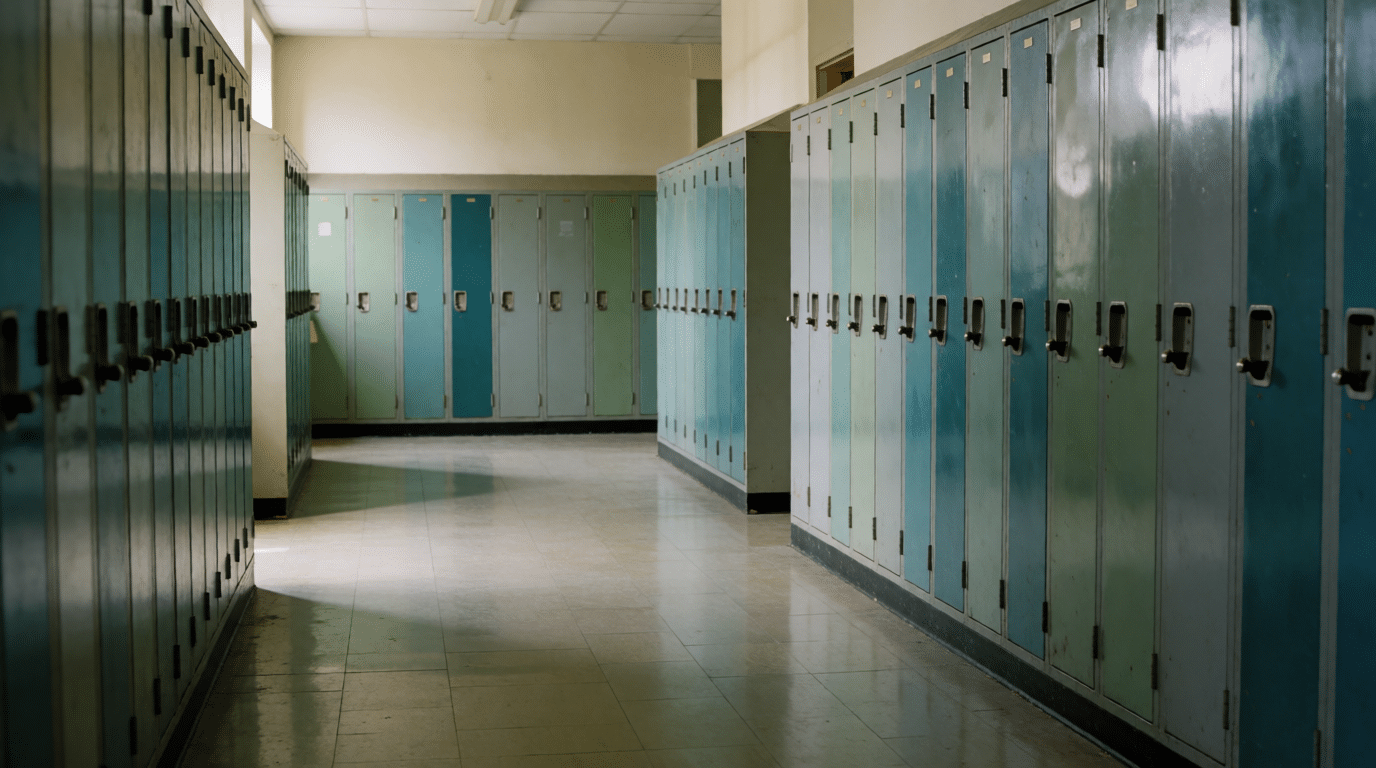 Lege schoolgang met gesloten kluisjes