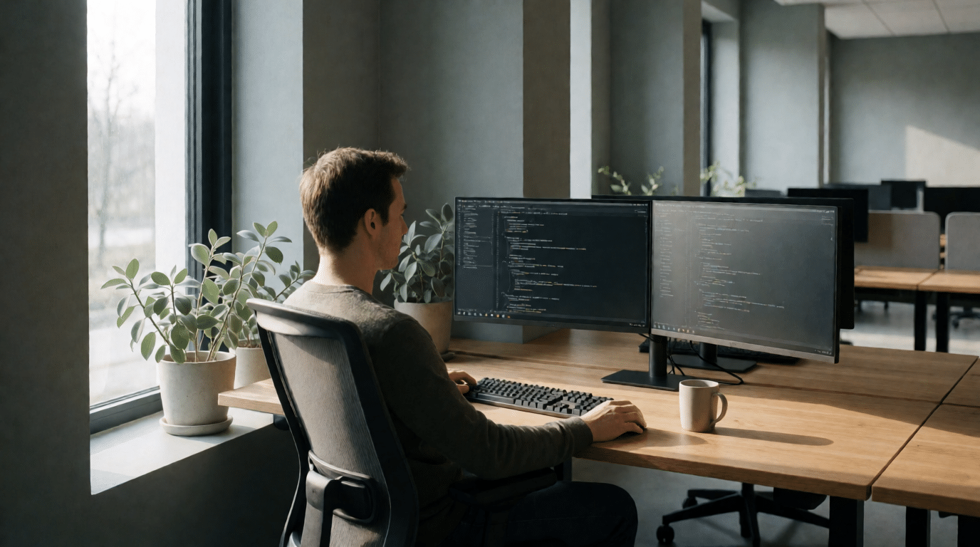 Werknemer aan een bureau met twee schermen bij een raam in een Nederlands kantoor, daglicht van opzij
