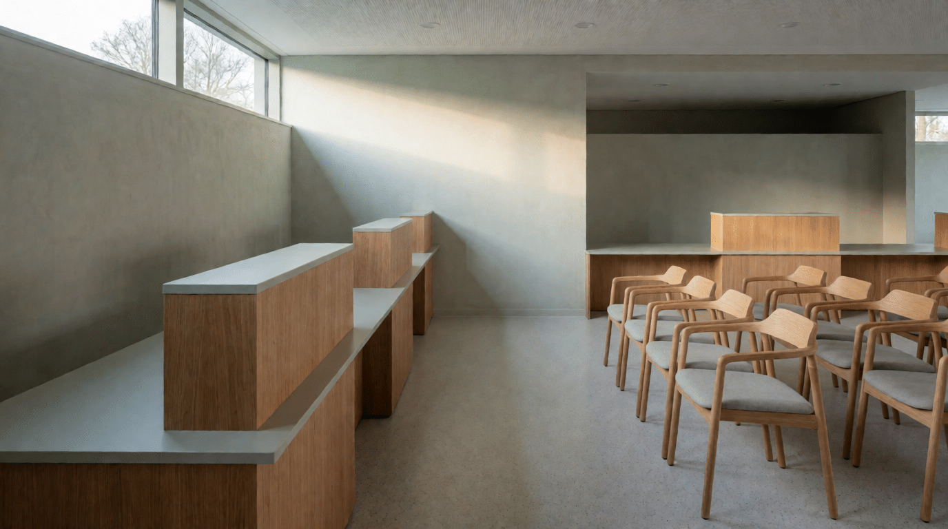 Lege wachtruimte van een Nederlandse publieksbalie met houten balie en stoelen, daglicht van opzij
