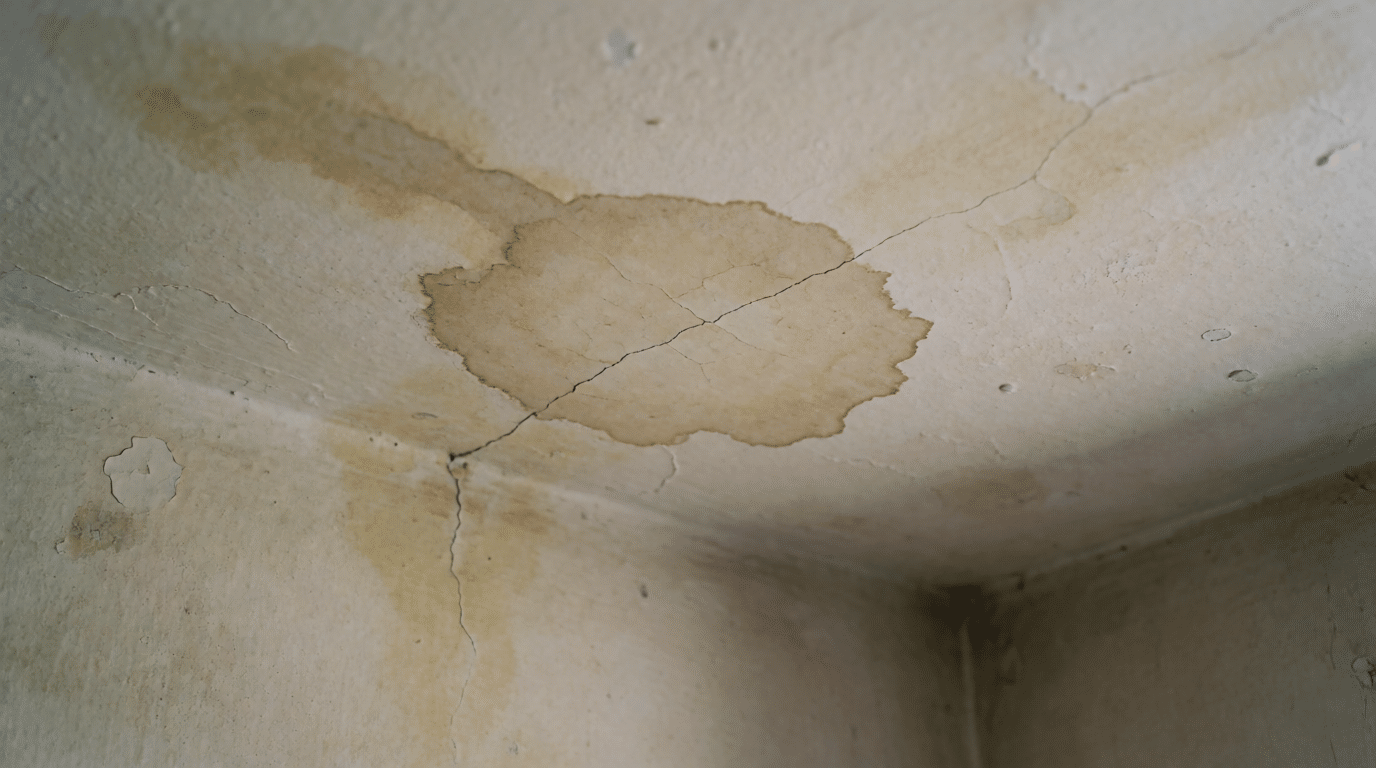 Vochtplek en scheur in een plafondhoek van een oudere woning
