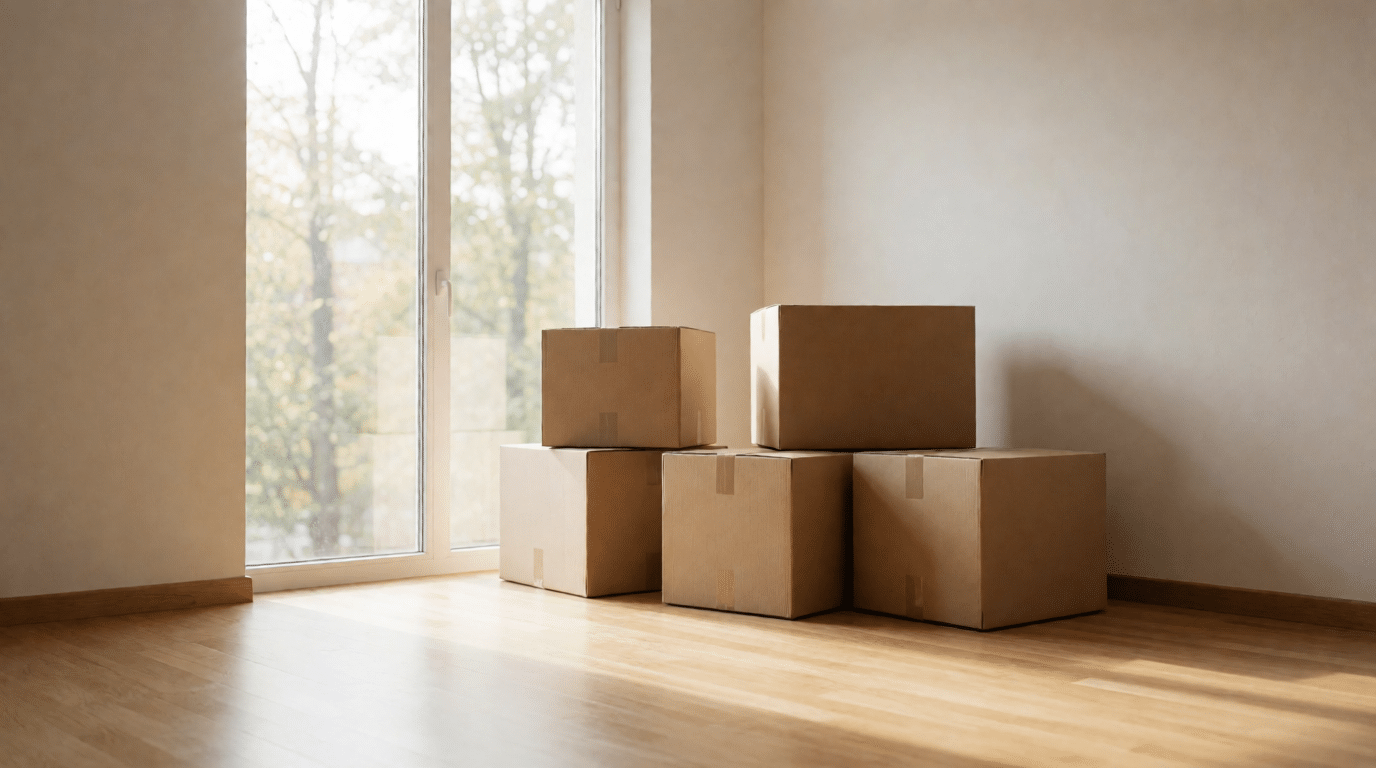 Lege woonkamer met verhuisdozen bij een raam