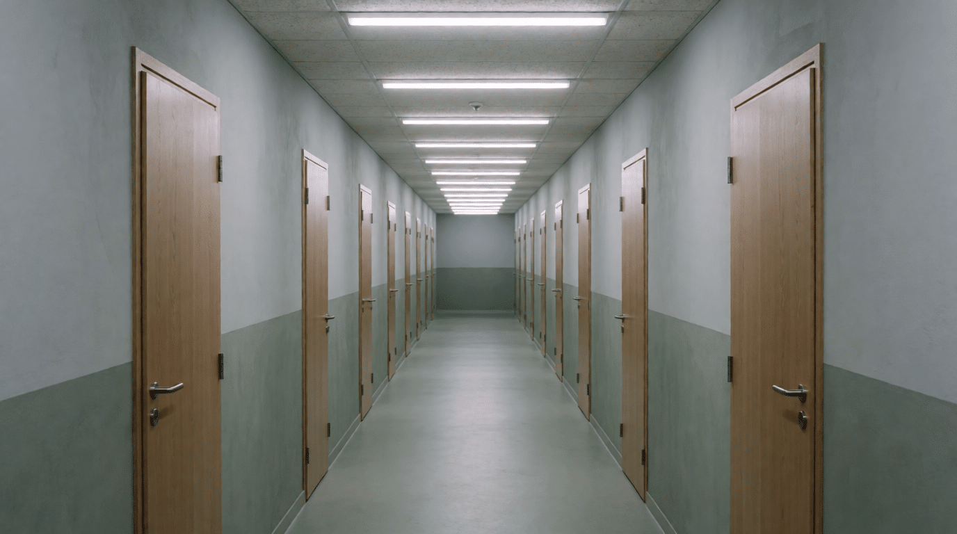 Lange gang met gesloten deuren onder tl-verlichting