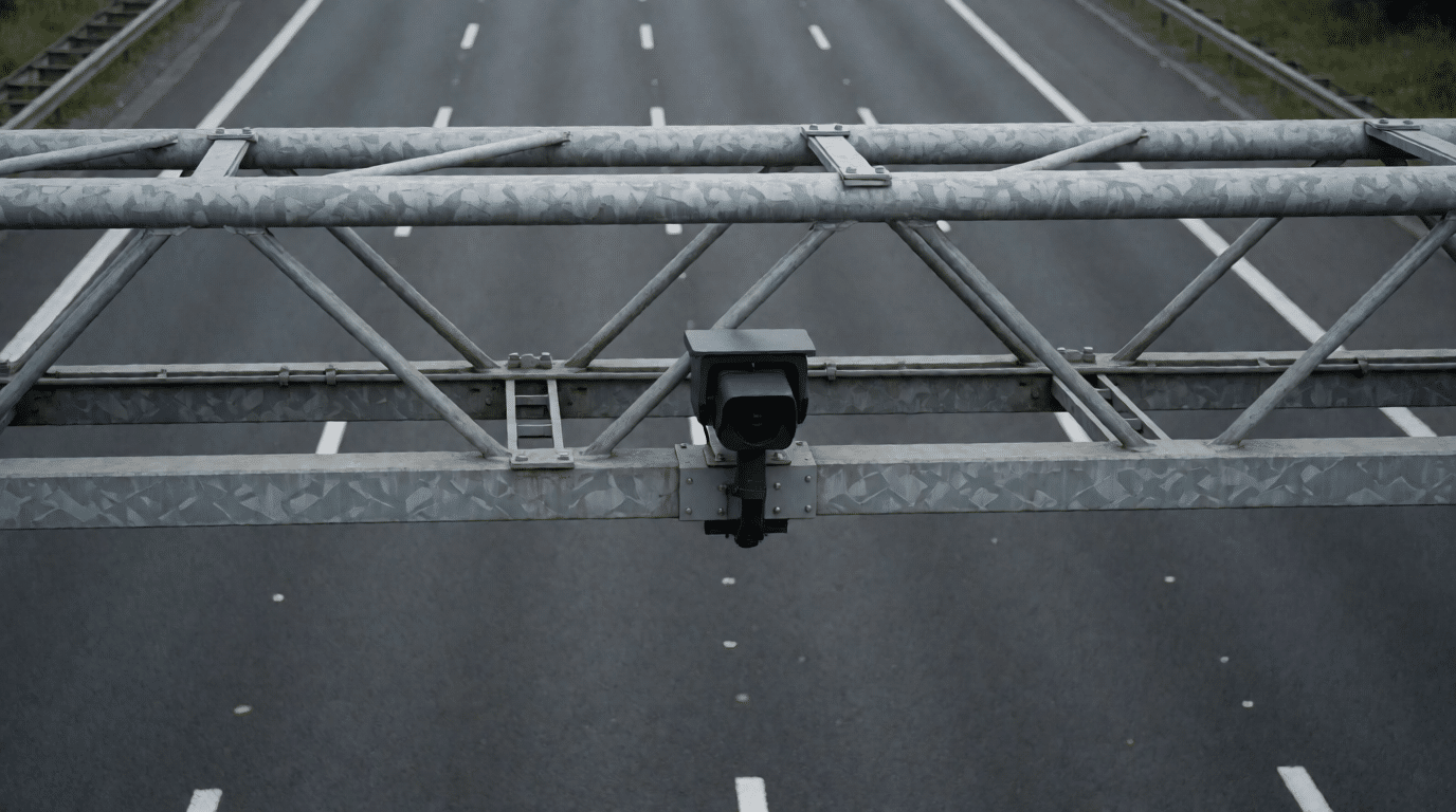 Portaal boven een lege snelweg met een camera