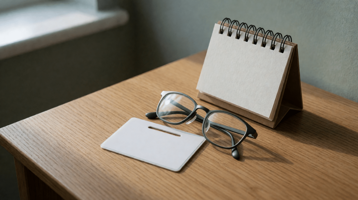 Eiken bureau met een blanco pasje, een bureaukalender en een leesbril, daglicht van opzij