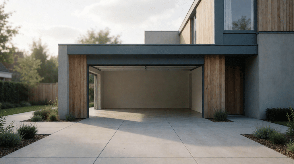 Lege oprit voor een woning met een openstaande garagedeur
