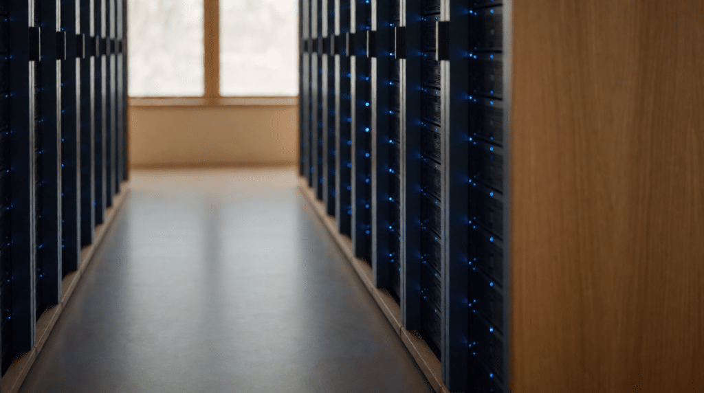 Gang tussen serverracks met blauwe indicatielampjes