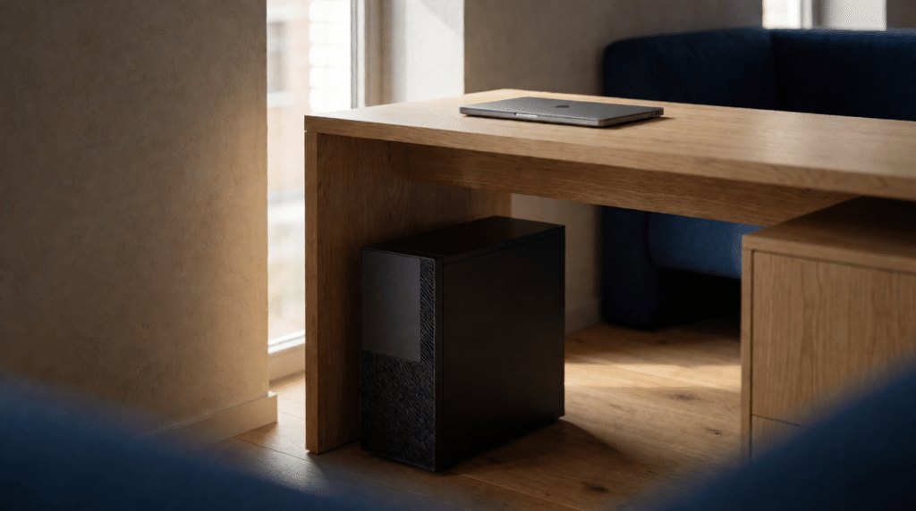 Kleine servertoren onder een bureau naast een gesloten laptop