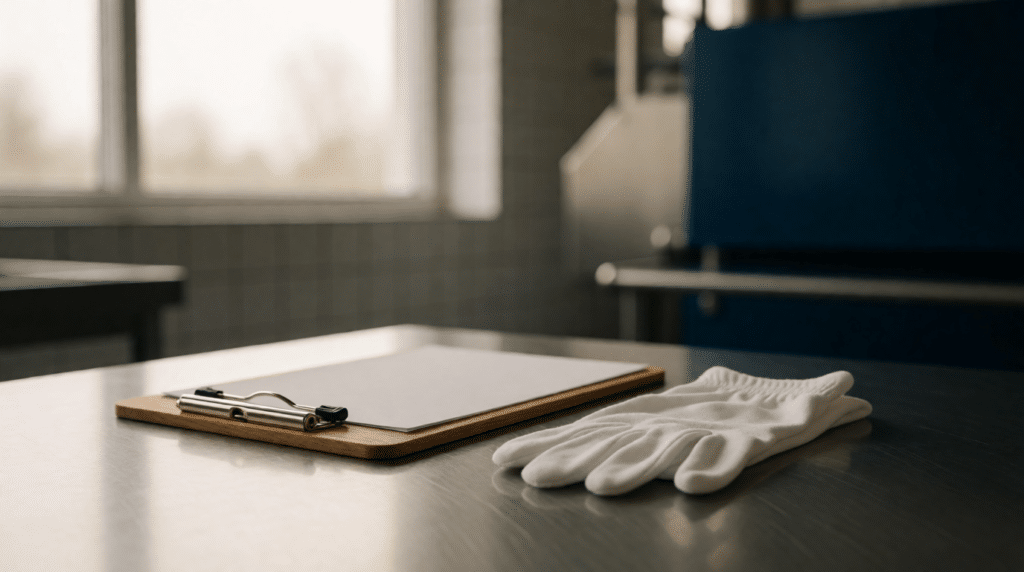 Klembord en witte handschoenen op een rvs-werkbank in een voedingsbedrijf