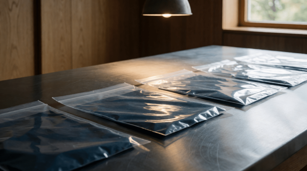 Verzegelde doorzichtige bewijszakken op een metalen tafel onder een werklamp