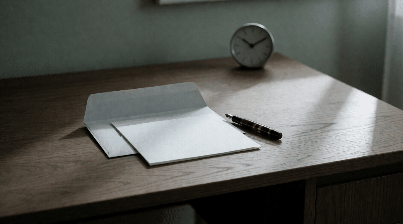 Eiken bureau met een geopende envelop, een blanco brief, een vulpen en een klok op de achtergrond
