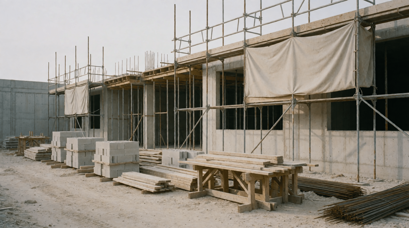Bouwplaats met steigers en bouwmaterialen overdag