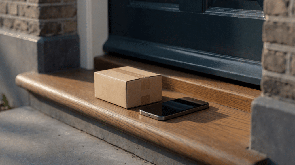 Klein kartonnen pakket en een telefoon op een stoep voor een woning