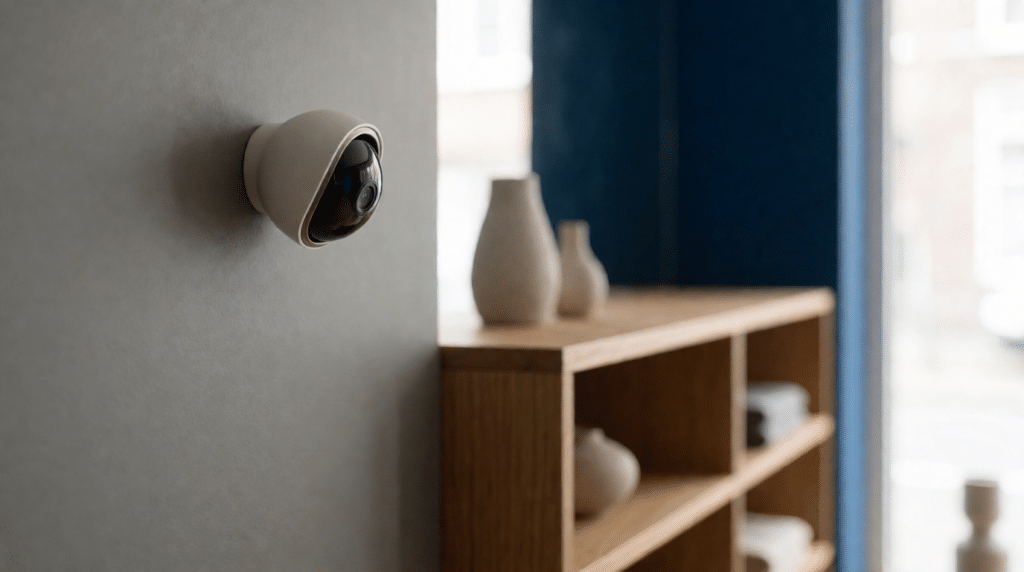 Kleine beveiligingscamera hoog aan de wand in een winkelruimte