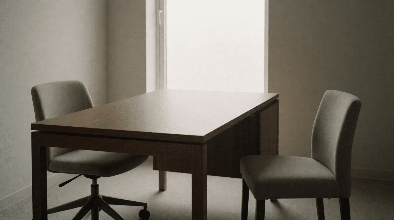 Spreekkamer met een bureau en een lege stoel