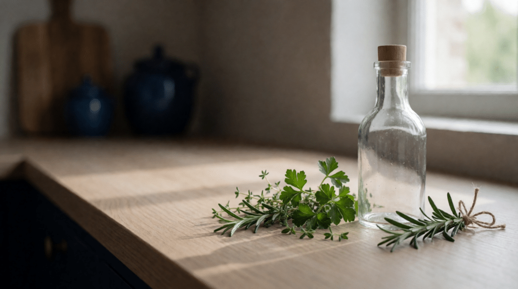 Verse kruiden en een blanco glazen fles op een licht keukenblad