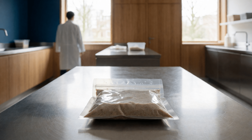 Verzegelde monsterzak op een rvs-tafel in een testruimte